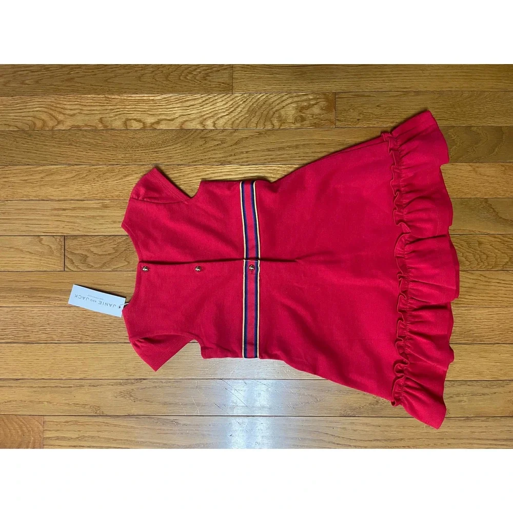 Janie and Jack Girls Red Scallop Neck Ruffle Hem Dress Size 3 NWT